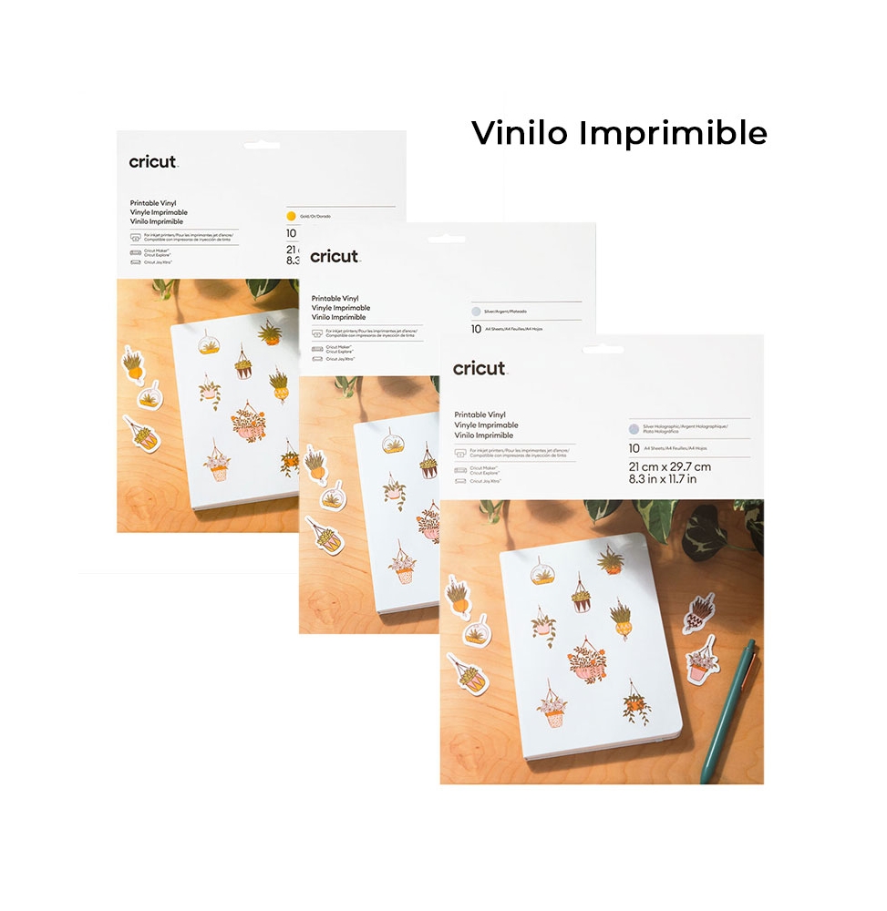 Cricut Vinilo Imprimible (10 hojas A4) plata, oro y holográfico