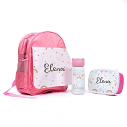 Pack infantil para sublimar rosa: mochila, botella y caja de plástico.