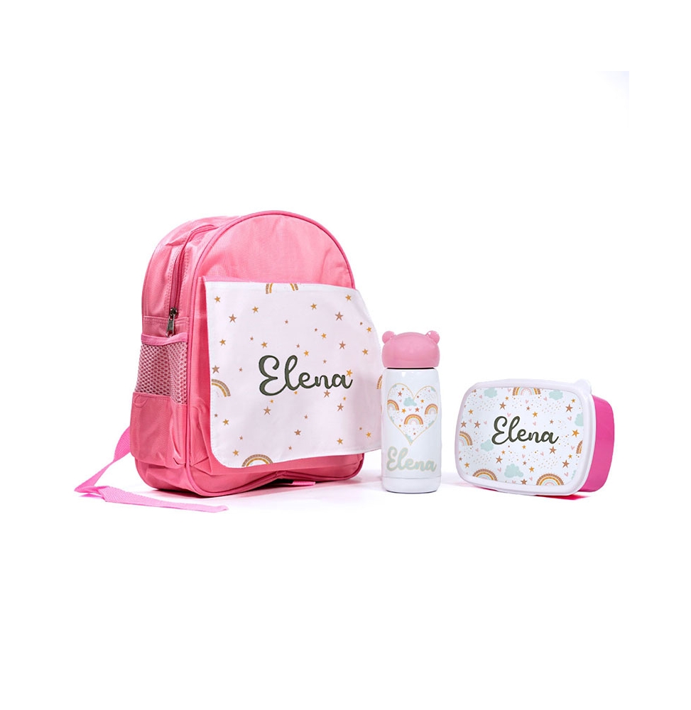 Pack infantil para sublimar rosa: mochila, botella y caja de plástico.