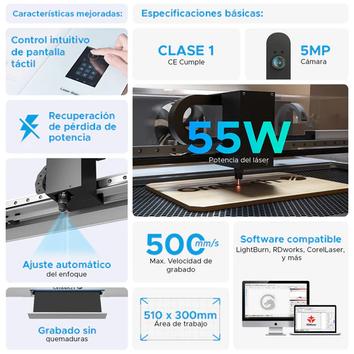 Grabadora Láser de CO2 con cámara 510 x 300 mm | 55 W