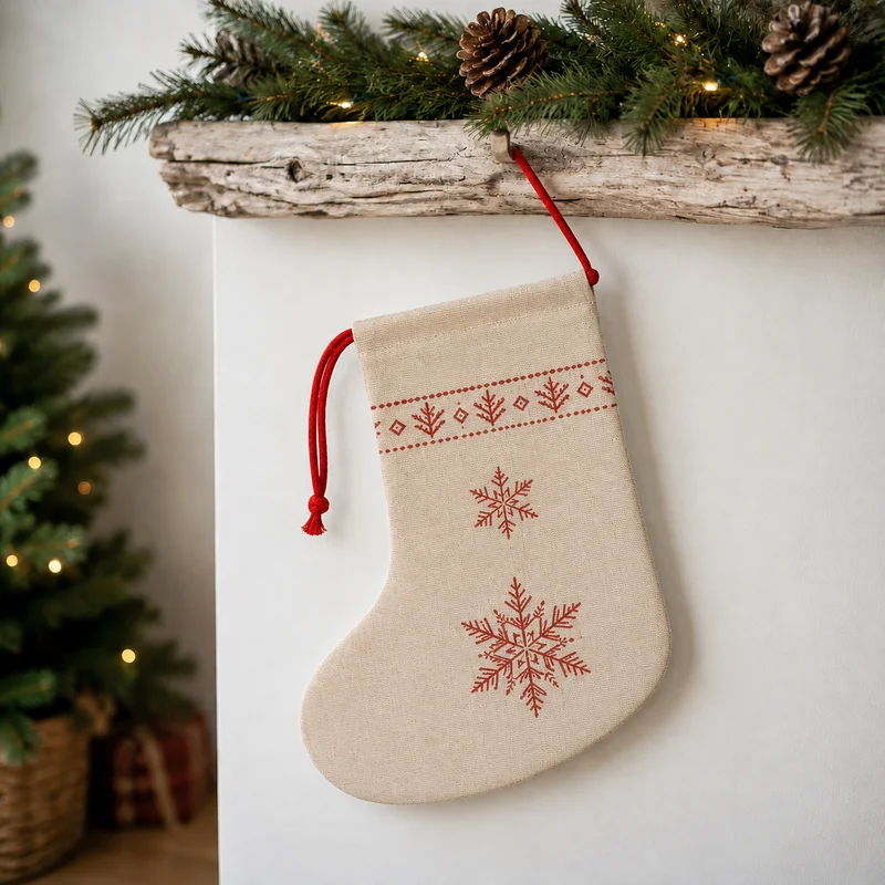 Saco Bota de Navidad de Lino con Cordón Rojo