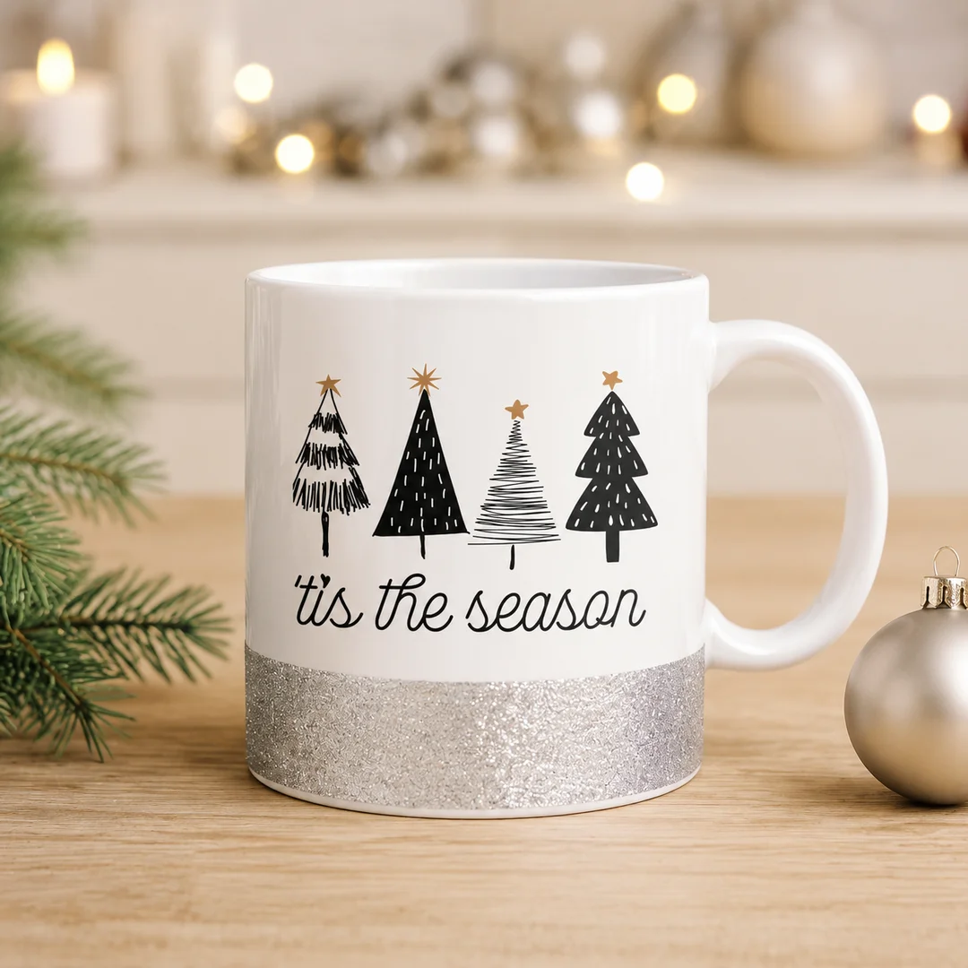 Taza de Cerámica Blanca base Plata Glitter | 11 Oz 
